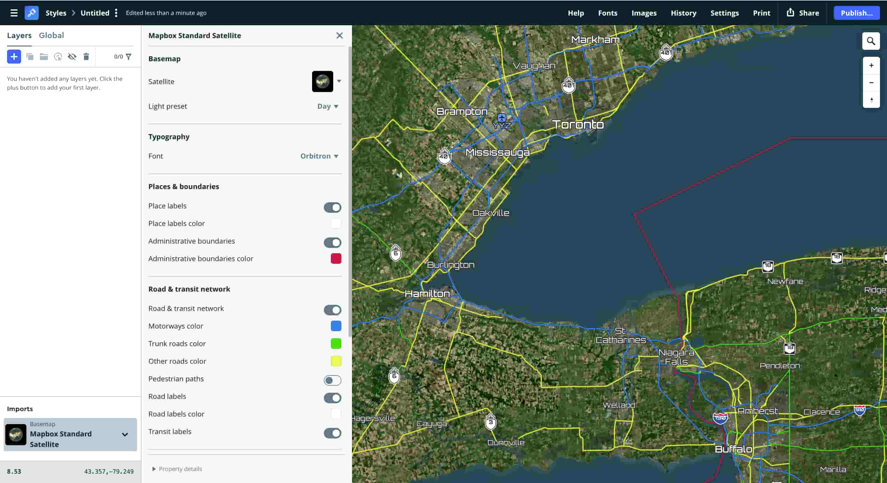 Tutorial exploration 5 – Experimenting with mapbox satellite style and road & transit network